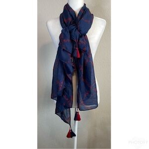Talbot's Scarf Mini Red Flowers Floral Navy Blue Red Tassels Lightweight Wrap